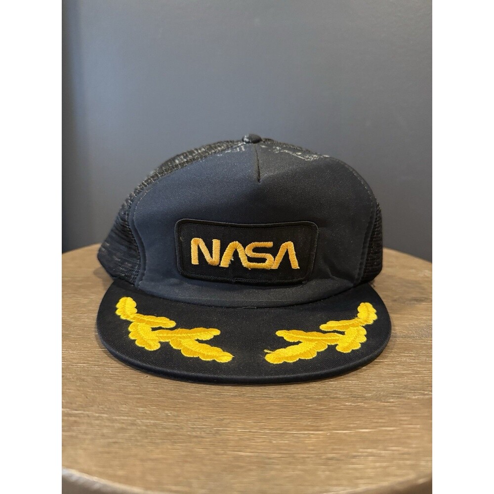Vintage 90s NASA Snapback Trucker Hat Black Mesh Back Designer Award Cap Rare